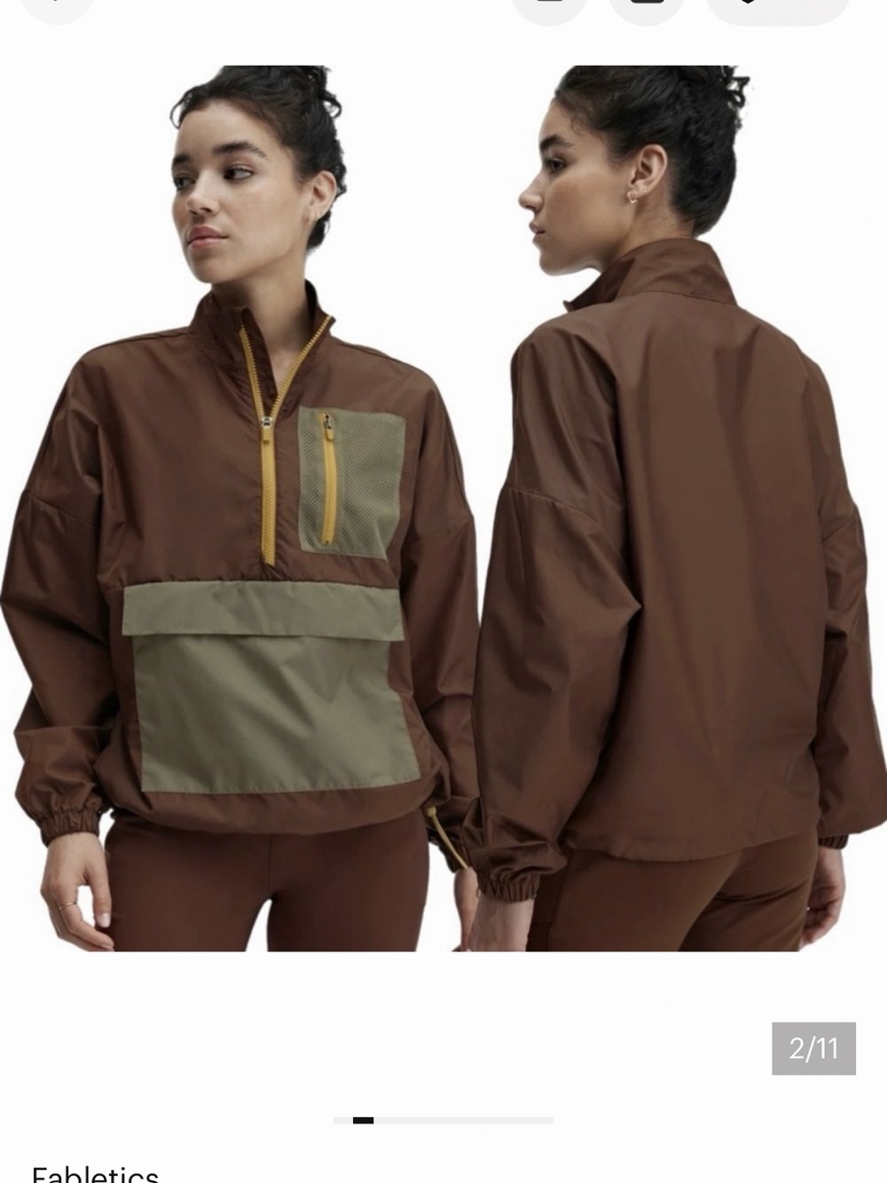 Fabletics Brown Cropped Half‑Zip Jacket with Olive Pocket Panels
